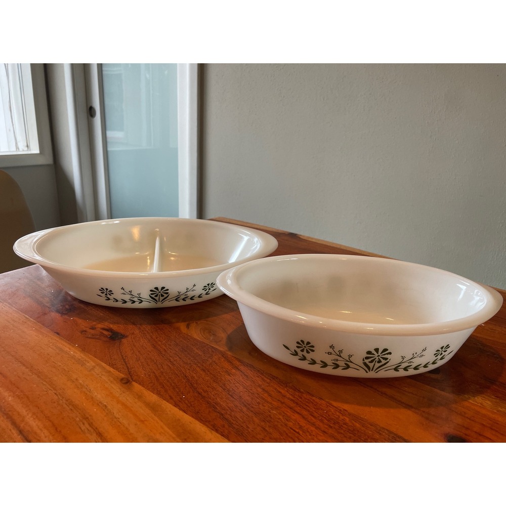 Vintage Glasbake Milk Glass Green Daisy Casserole & Divided Dish Set 2pc J2352